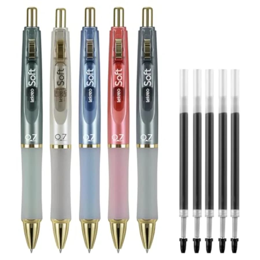 Penne a inchiostro gel morbido per journaling, penna retrattile a punta media da 0,7 mm, penne per scrittura con inchiostro nero e ricariche, confezione da 5