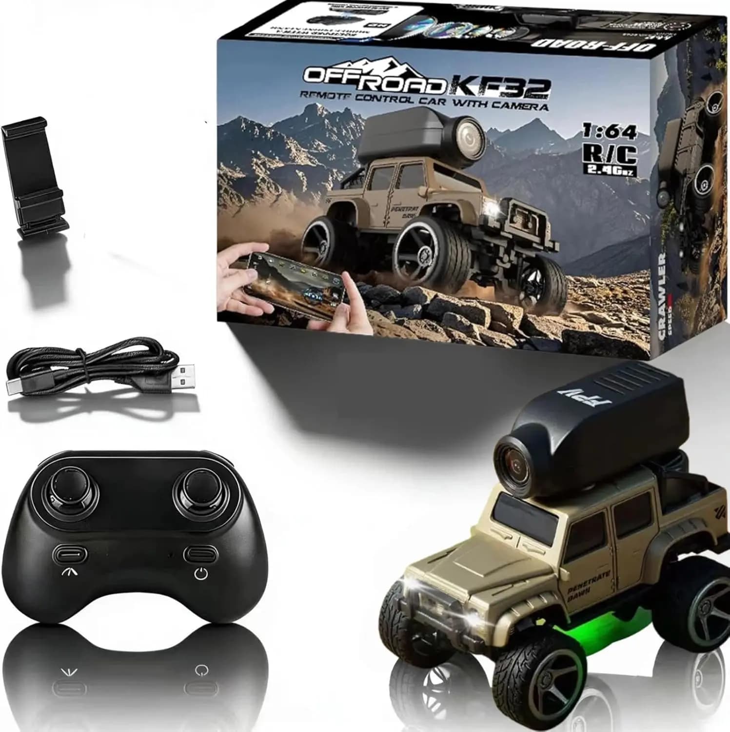 Mini remote controlled car in league 1:64 from 2.4 GHz, equipped with camera, control via APP WiFi, cruise control, lighting, photos and videos