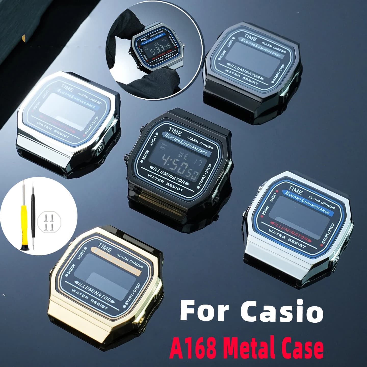 Kit di modifica cassa in metallo A168WA, lunetta in acciaio inossidabile massiccio argento nero, cassa per orologio Casio serie 3298 A168, accessorio modificato.