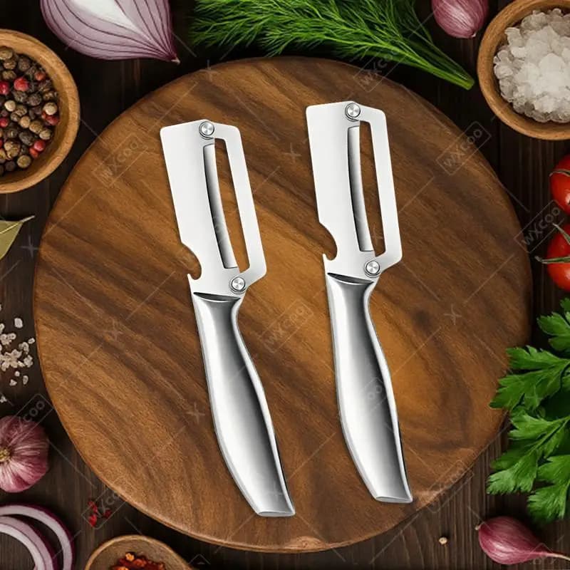 Pelapatate Multifunzione 2-in-1 in Acciaio Inox, Utensile da Cucina Resistente con Apribottiglie e Coltello per Canna da Zucchero