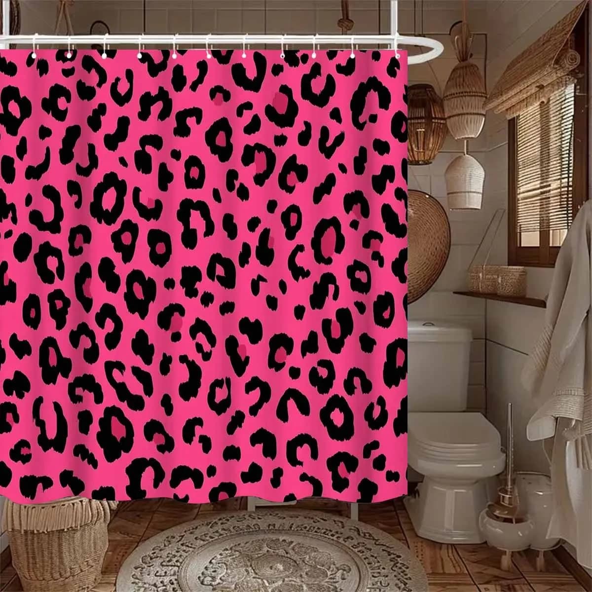 Tenda da doccia con stampa leopardata rosa da 1 pezzo - con 12 ganci, lavabile in lavatrice, adatta per l'arredamento del bagno e la decorazione della casa