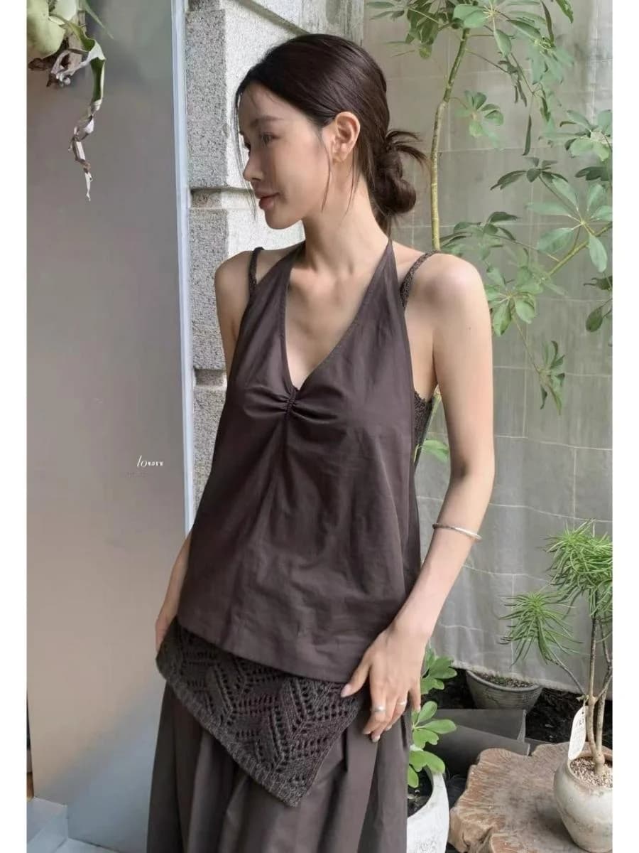 Backless V-Neck Shirt Pure Color Hanging Neck High Waist Slimming Pleated Skirt Pants Casual Style Cotton Fabric
