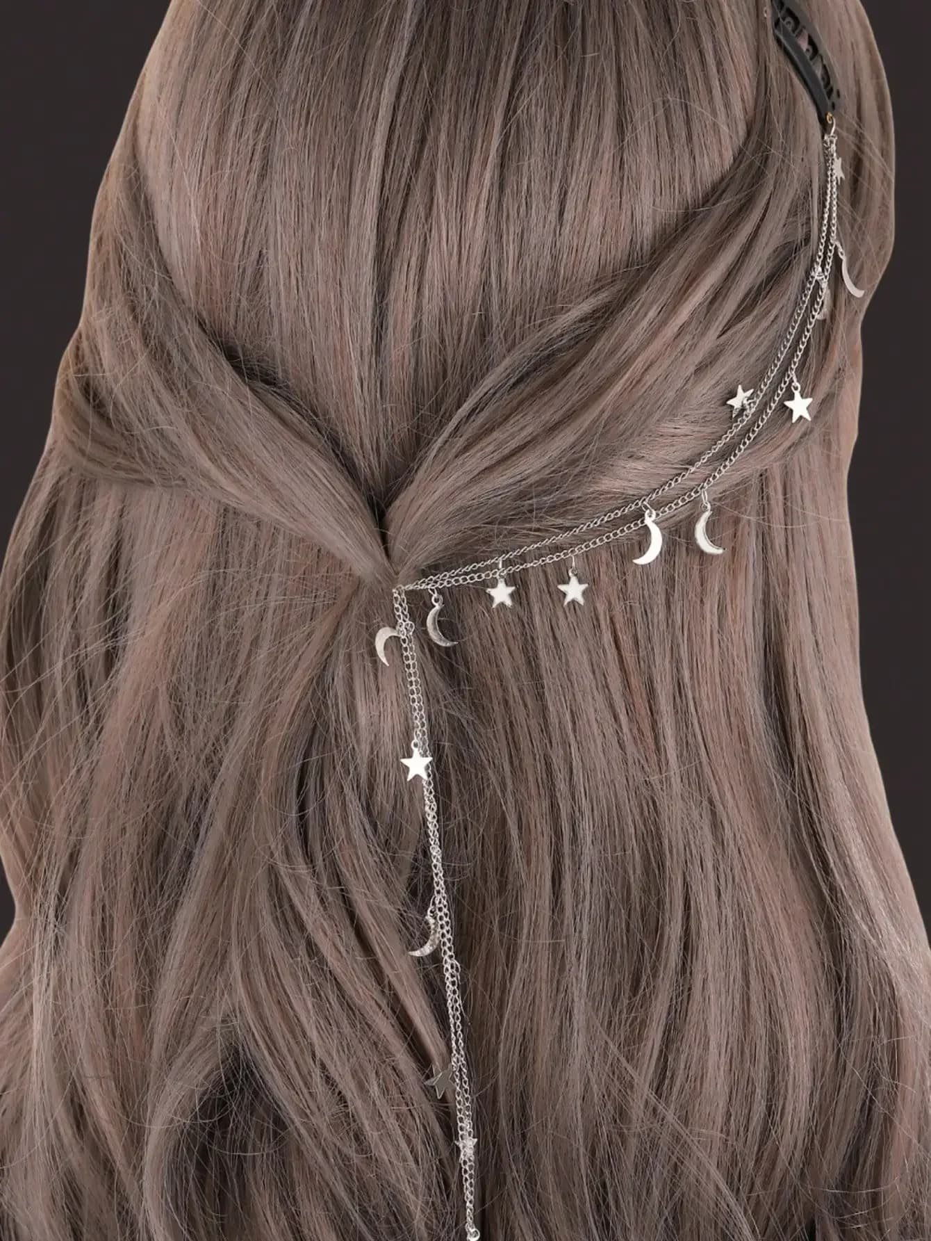 Fermacapelli a catena con stella e luna per donna, accessorio per capelli alla moda