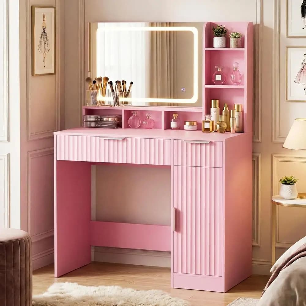 Specchio da Trucco Illuminato con Dimmer Touch, Presa Multipla, Supporto per Asciugacapelli e Contenitore per Camera da Letto, Rosa