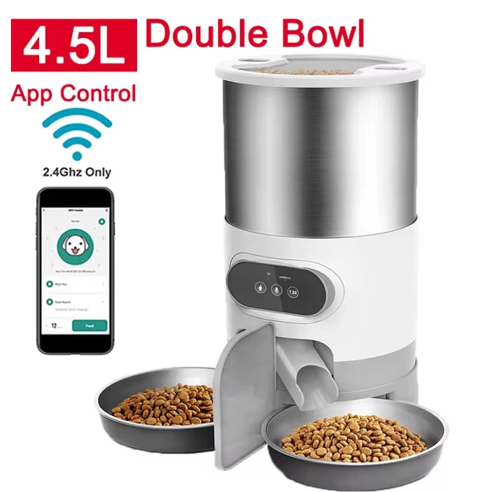 Distributore Automatico di Cibo per Gatti 3L/4.5L con Pulsante/WiFi, Include Due Ciotole in Acciaio Inox, Dispenser Intelligente per Cani e Gatti