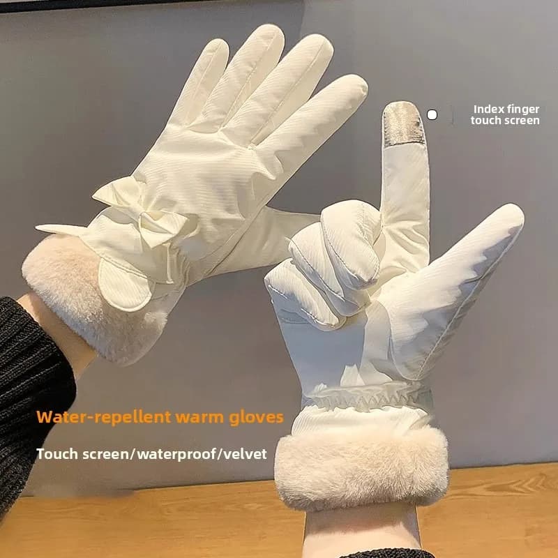 Winter Warm Gloves For Women Plus Velvet Thickened Waterproof Windproof Cute Bow Student Outdoor Cycling Touch Screen Ski Gloves