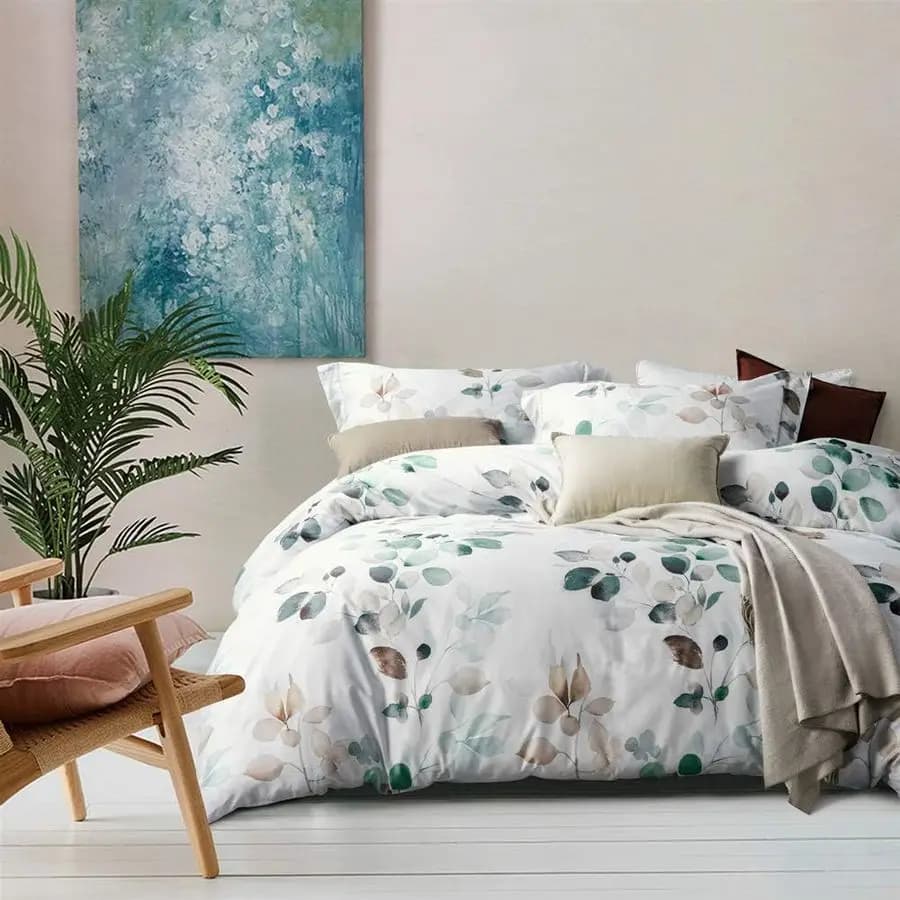 Set copripiumino in cotone 100 LongStaple, set biancheria da letto con motivo foglie verde acqua sfumate 3 pezzi, copripiumino chic ultra morbido e traspirante