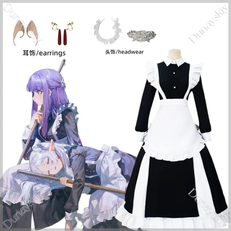 Frieren Cosplay Philon Maid Outfit Cosplay Costume Classic Black White Maid Dress Included Headwear Earrings Elf Ears Leggings