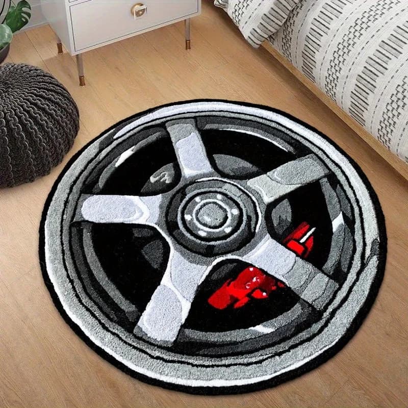 Tappeto Rotondo VIKAMA con Design Cerchione Auto, Morbido Tappeto in Peluche per Camera da Letto, Tappetino Antiscivolo per Soggiorno, Arredamento Casa per Appassionati di Auto