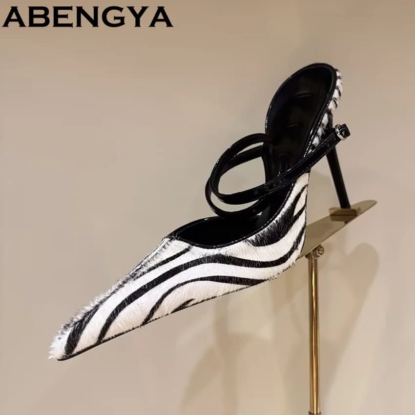 Nuovi Sandali con Tacco Alto a Righe Zebrate da Donna, Scarpe da Festa con Cinturino alla Caviglia, Sexy con Punta a Spillo, Sandalias Mujer Moderne