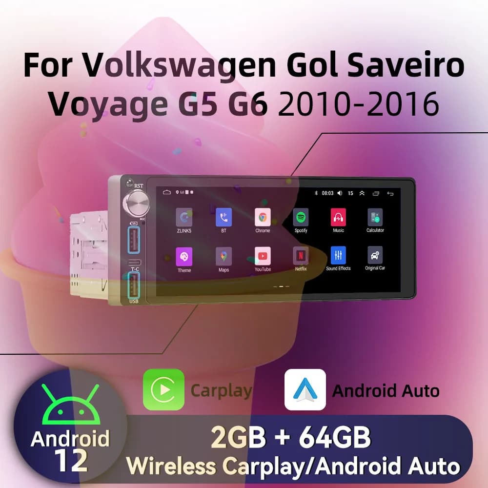 1Din Android Car Radio Carplay 6.86" Screen Multimedia for VW Volkswagen Gol Saveiro Voyage G5 G6 2010-2016 Head Unit Autoradio
