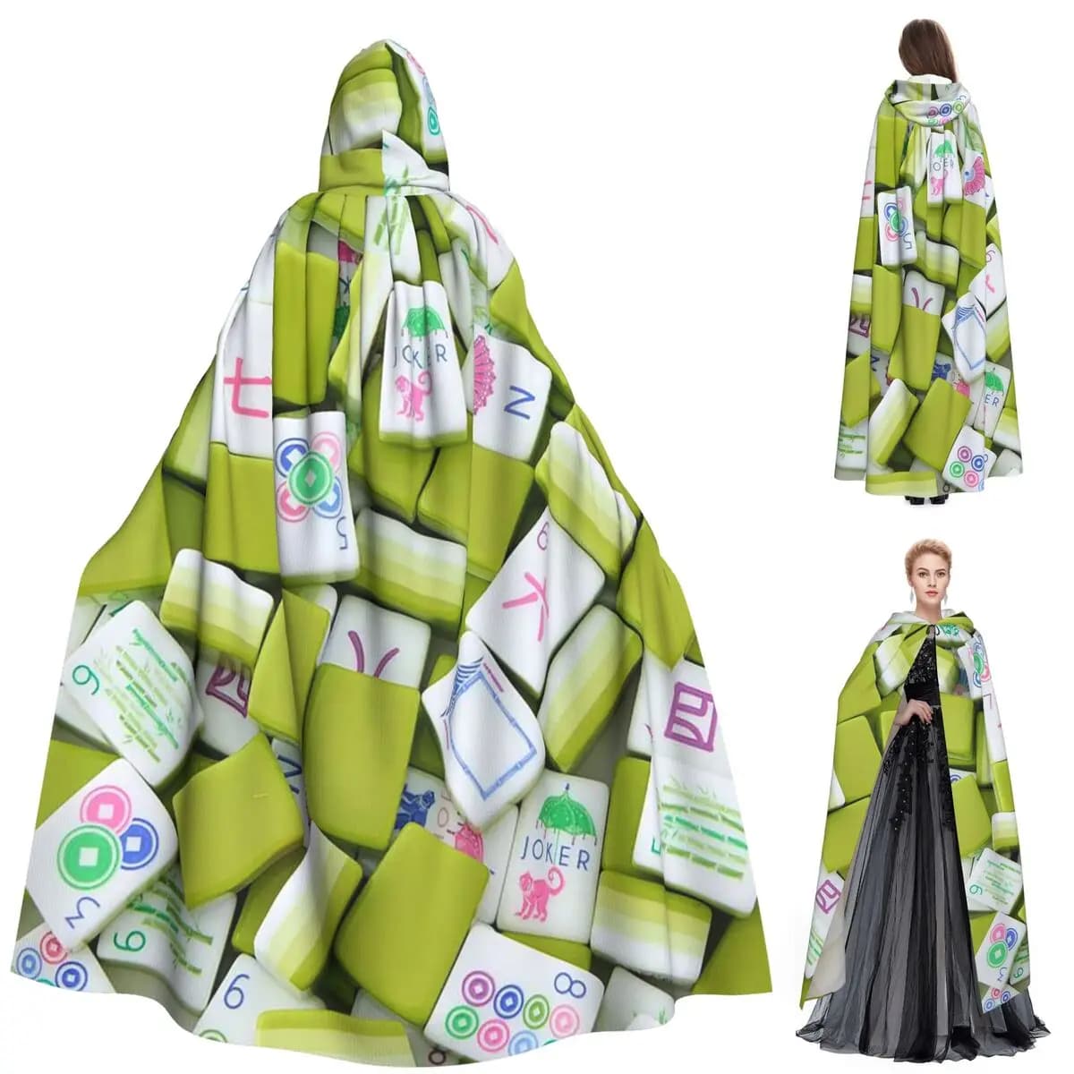 Mahjong Piastrella Modello Mantello lungo con cappuccio Strega Costume medievale Mantello cosplay HalloweenVampiro Adulto Unisex