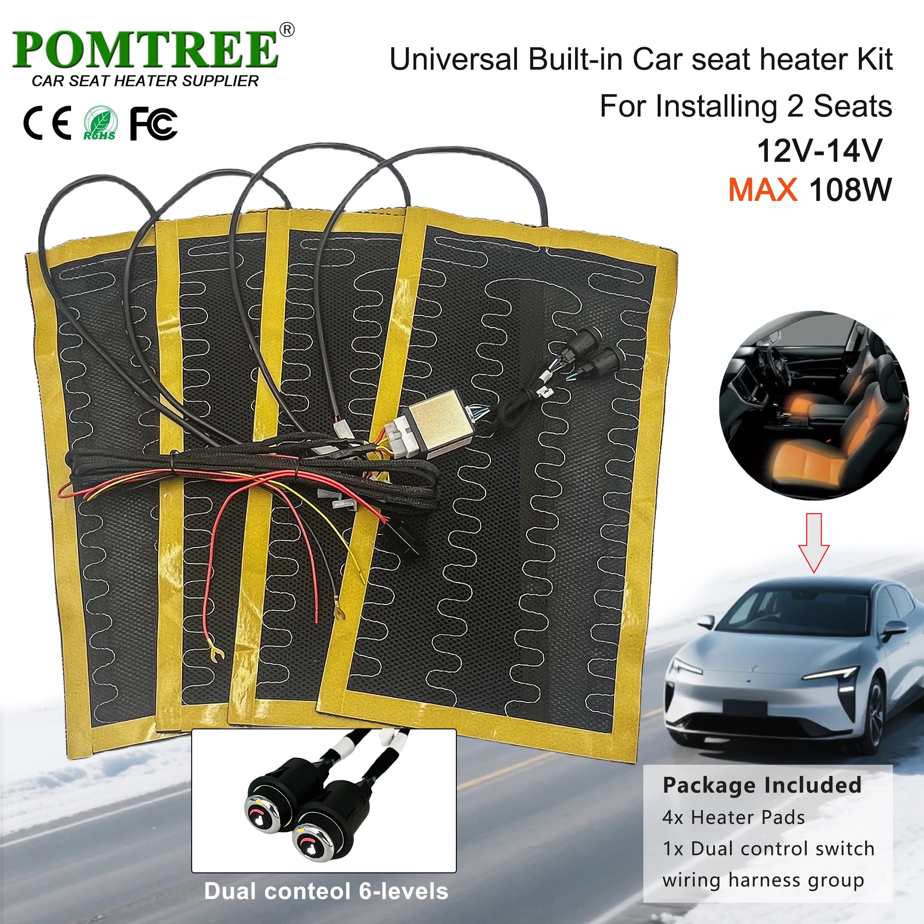 Universal self seat heater kit suitable for 2 seats, with dual control switching system at 6 levels 12V MAX 108W alloy wire heating pads