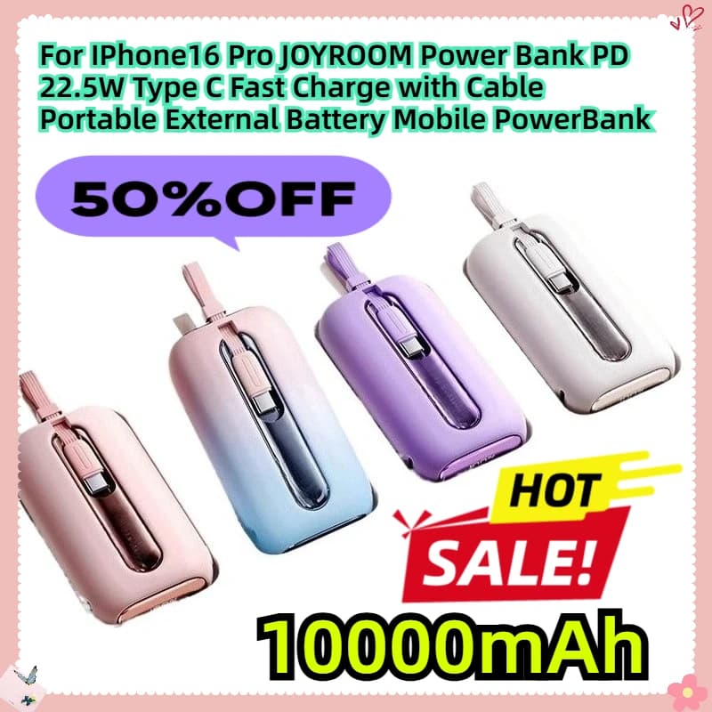 Per IPhone16 Pro JOYROOM 10000mAh Power Bank PD 22.5W Tipo C Carica rapida con cavo Batteria esterna portatile PowerBank mobile