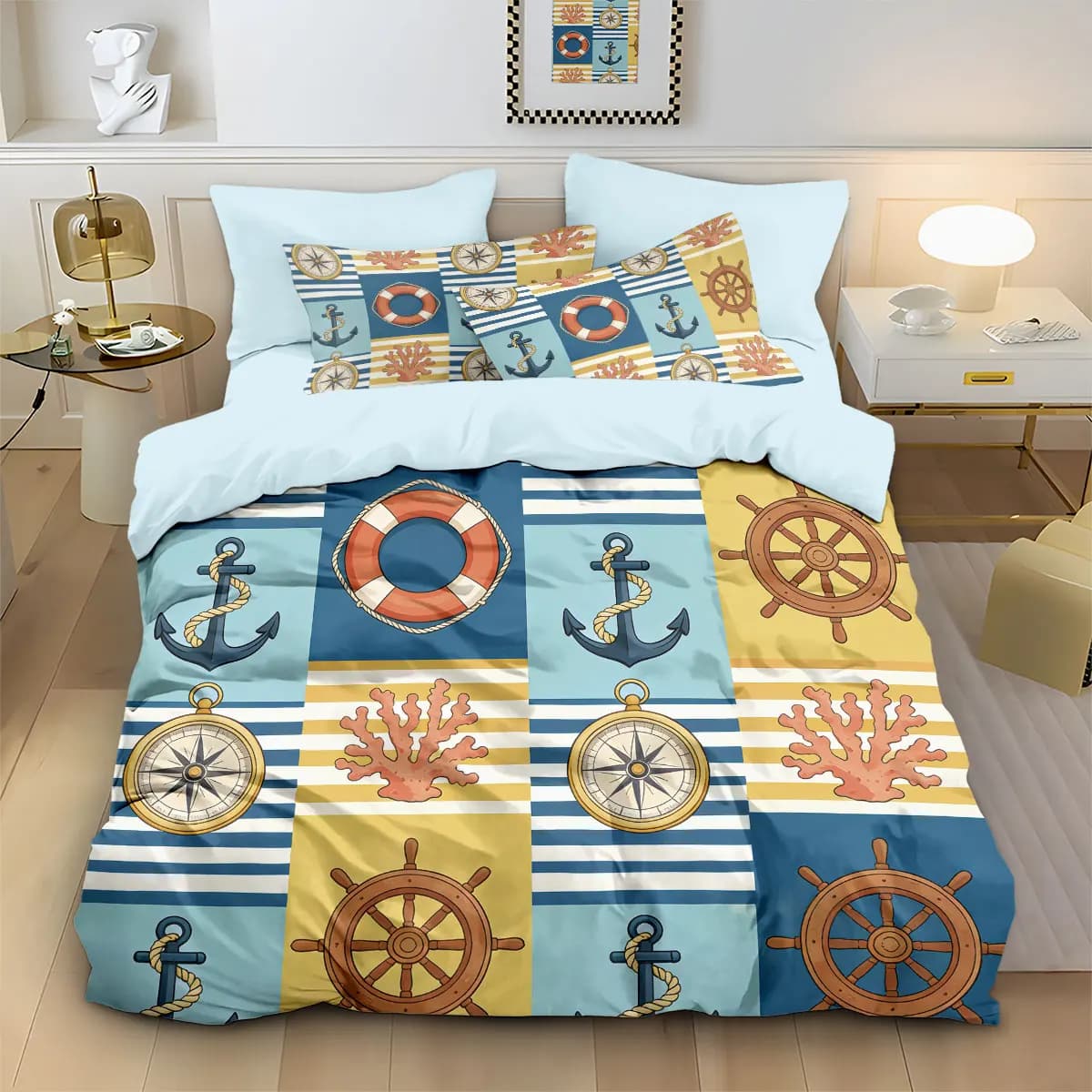 Set copripiumino senza nucleo stampato con ancora da spiaggia, 3 pezzi, diverse misure, morbido e confortevole, decorazione per la camera da letto, lavabile in lavatrice