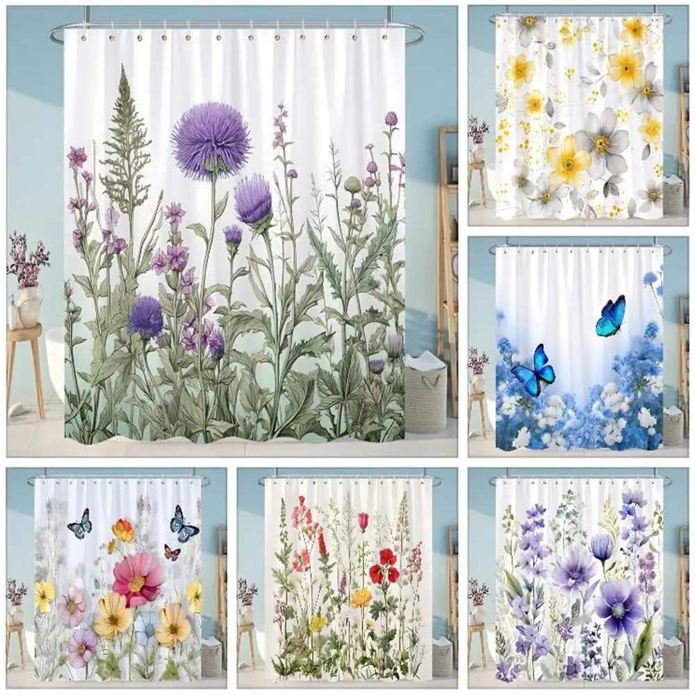 Botanical Floral Bathroom Curtains Tropical Green Leaf Butterfly Nature Landscape Polyester Fabric Shower Curtain Bathroom Decor