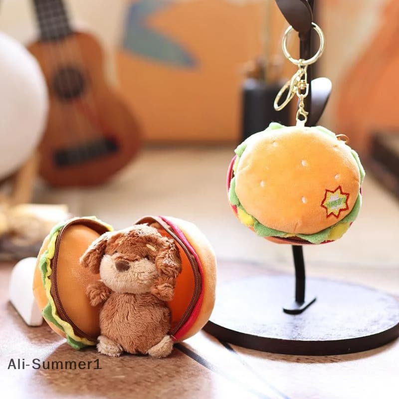 【E】 1 pz 13 cm carino hamburger cane bambola piccolo ciondolo soggiorno decorazione articoli per la casa peluche portachiavi giocattolo regalo di festa per bambini