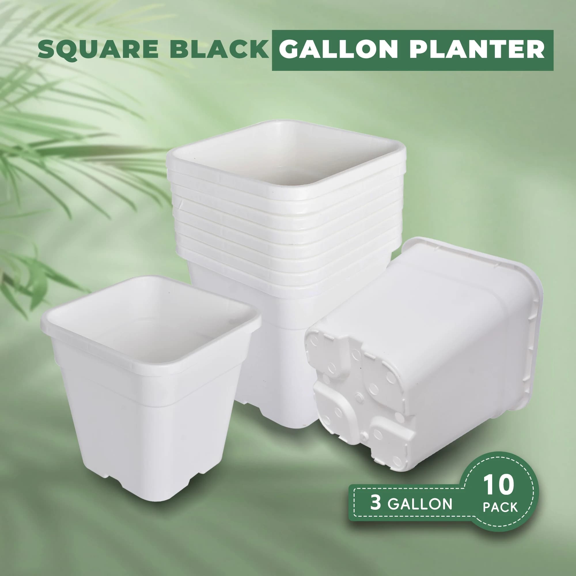 Set of 10 (11 Pieces) 3 Gallon White Square Vases, Injection Printed, 25x18x25.5cm, Gardening and Planting Containers
