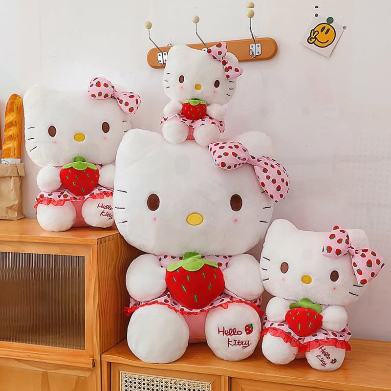 Peluche Sanrio Morbido e Carino a Forma di Fragola KT Cat, Regalo di Compleanno Ideale per Bambini, Animale di Peluche per Scambio Regali