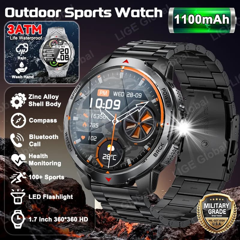 LIGE 1100mAh Military Air Sports Open Enthusiast Men's Watch 1.7 "Great Battery Compass Watch 3ATM Waterproof Bluetooth Smartwatch