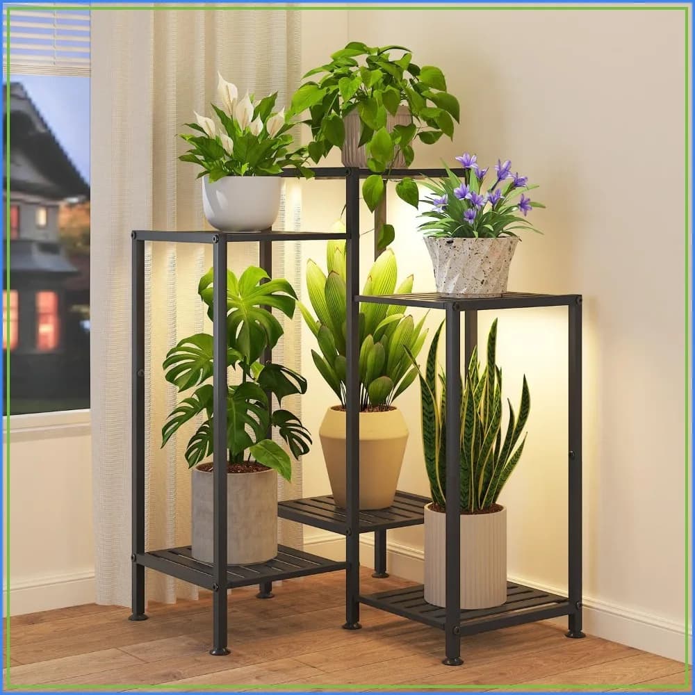 6 Tier Plant Stand with Grow Light, Corner Flower Shelf for Indoor/Outdoor, Metal Tall Rack for Large Pots, Black