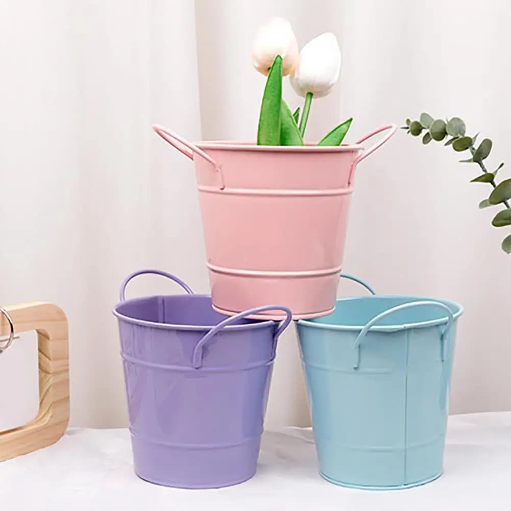 Vaso per Fiori in Ferro Colorato, Piccolo con Manico, Secchiello in Ferro, Portapenne per Casa, Giardino, Ufficio