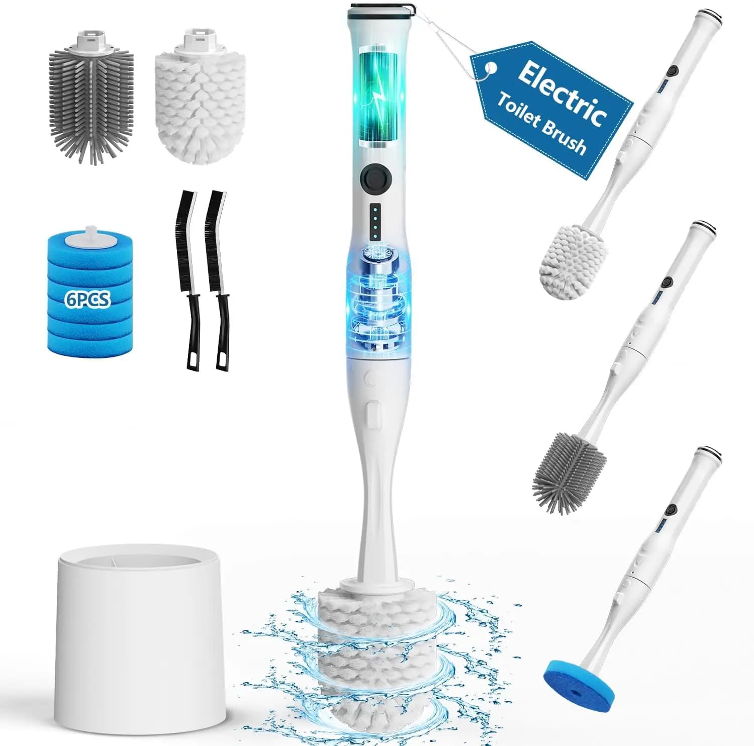 Set di spazzole elettriche per WC e supporto, kit di pulizia 8 in 1 con spazzole sostituibili, opzioni in nylon rigido e silicone morbido