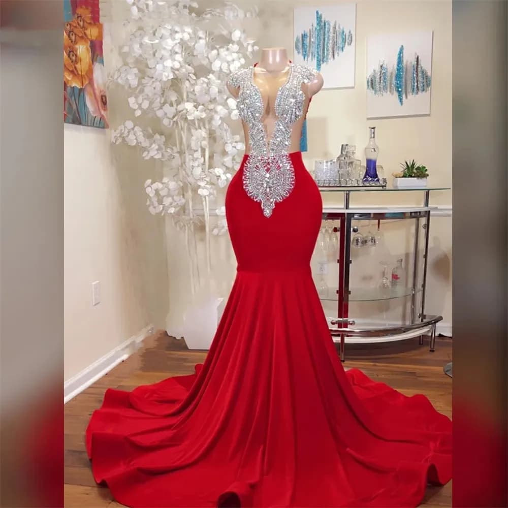 Abiti da ballo rossi di lusso personalizzati Perline di cristallo glitterate Abiti da sera a sirena Abito da festa di compleanno formale Robe De Soiree