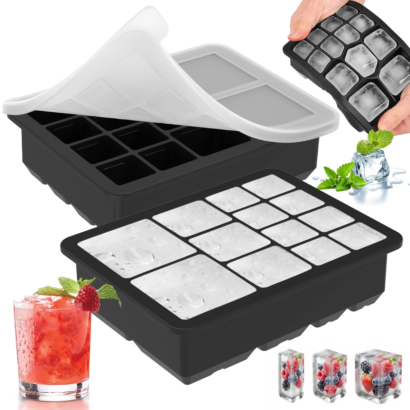 Set di 2 Stampi per Cubetti di Ghiaccio in Silicone con Coperchio, 13 Scomparti di Diverse Dimensioni, per Whisky e Cocktail