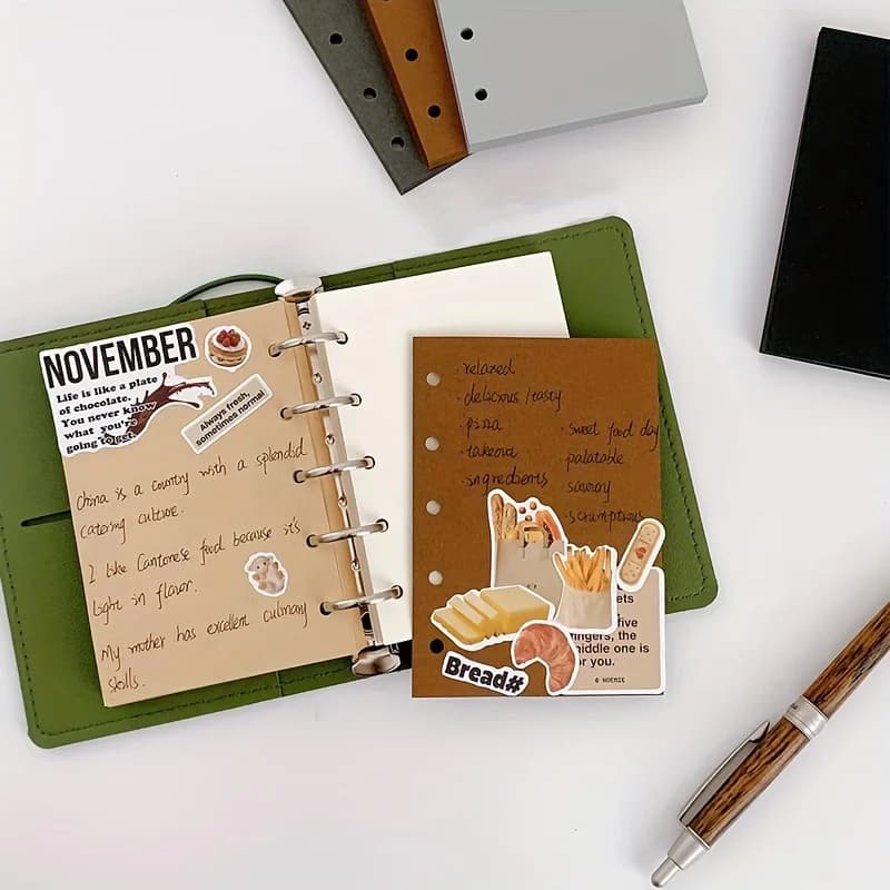 Carta di ricarica a fogli mobili per notebook A8 da 50 fogli, carta di classificazione a fogli mobili in tinta unita con pagina interna M5 a 5 fori, 6 pianificatori a colori per