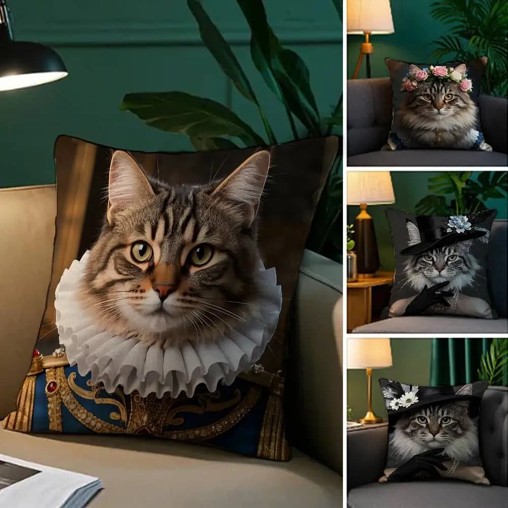 Federa per cuscino rinascimentale Royal Maine Coon gatto Tessuto peluche Federa morbida Stampa fronte-retro Fodera per cuscino per divano