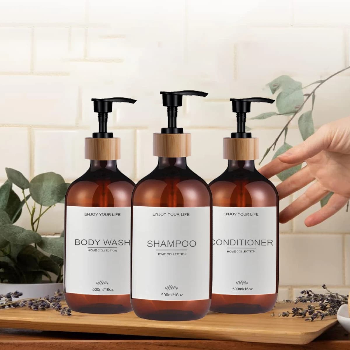 Set di 3 Dispenser da 500ml per Shampoo e Balsamo, Bottiglie con Pompa per Sapone e Shampoo, Contenitori per Doccia