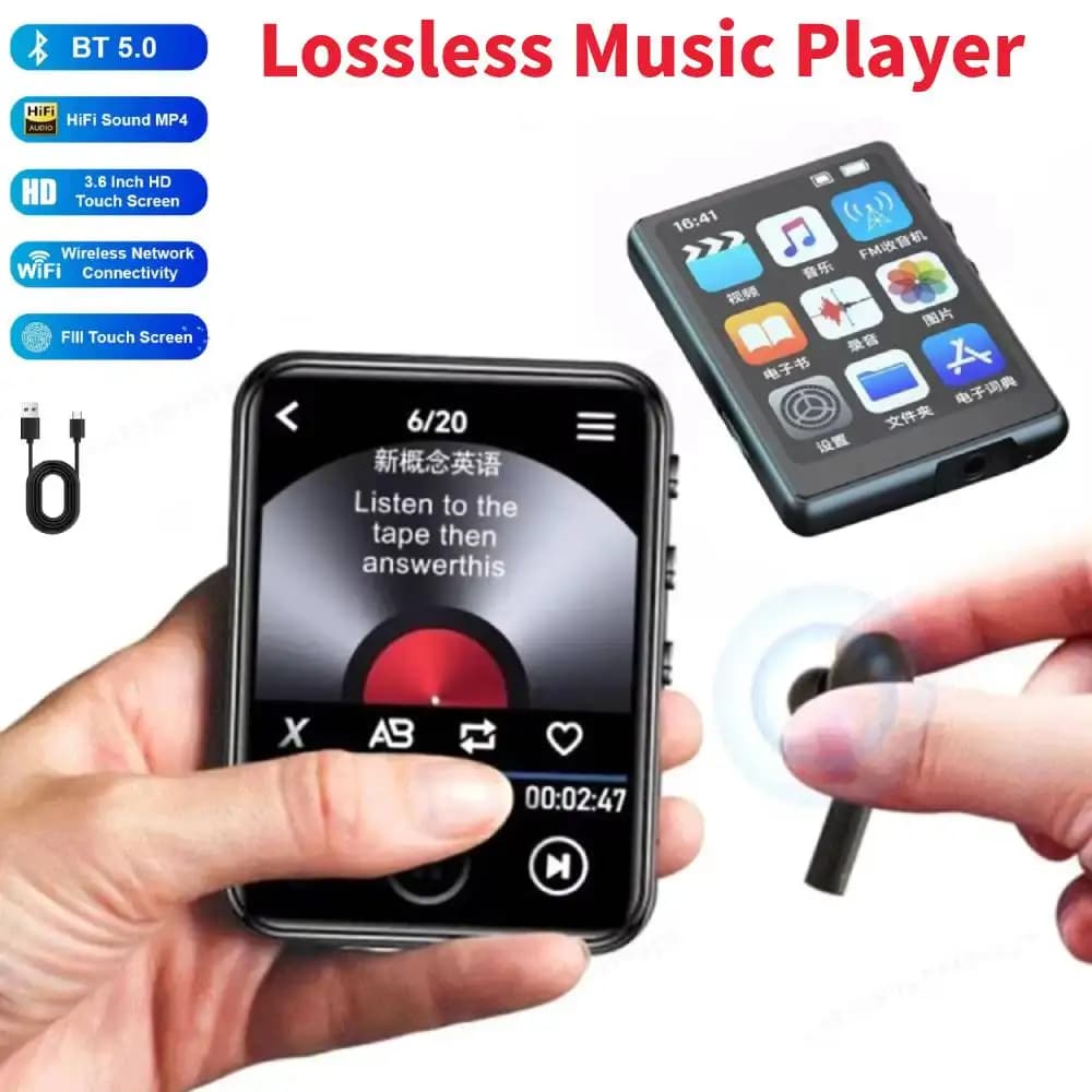 Lettore MP3 MP4 da 8-32 GB BT5.0 Lettore musicale senza perdita Supporto a schermo intero Registrazione radio FM E-Book HiFi MP4 Walkman per studenti