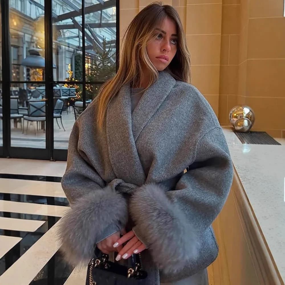 Women's Coat in Fox Fur Wool Grey with Laces Cuffs with Fur Finishes Patchwork Women's Wool Coat Elegant Office Jacket for commuters for lady