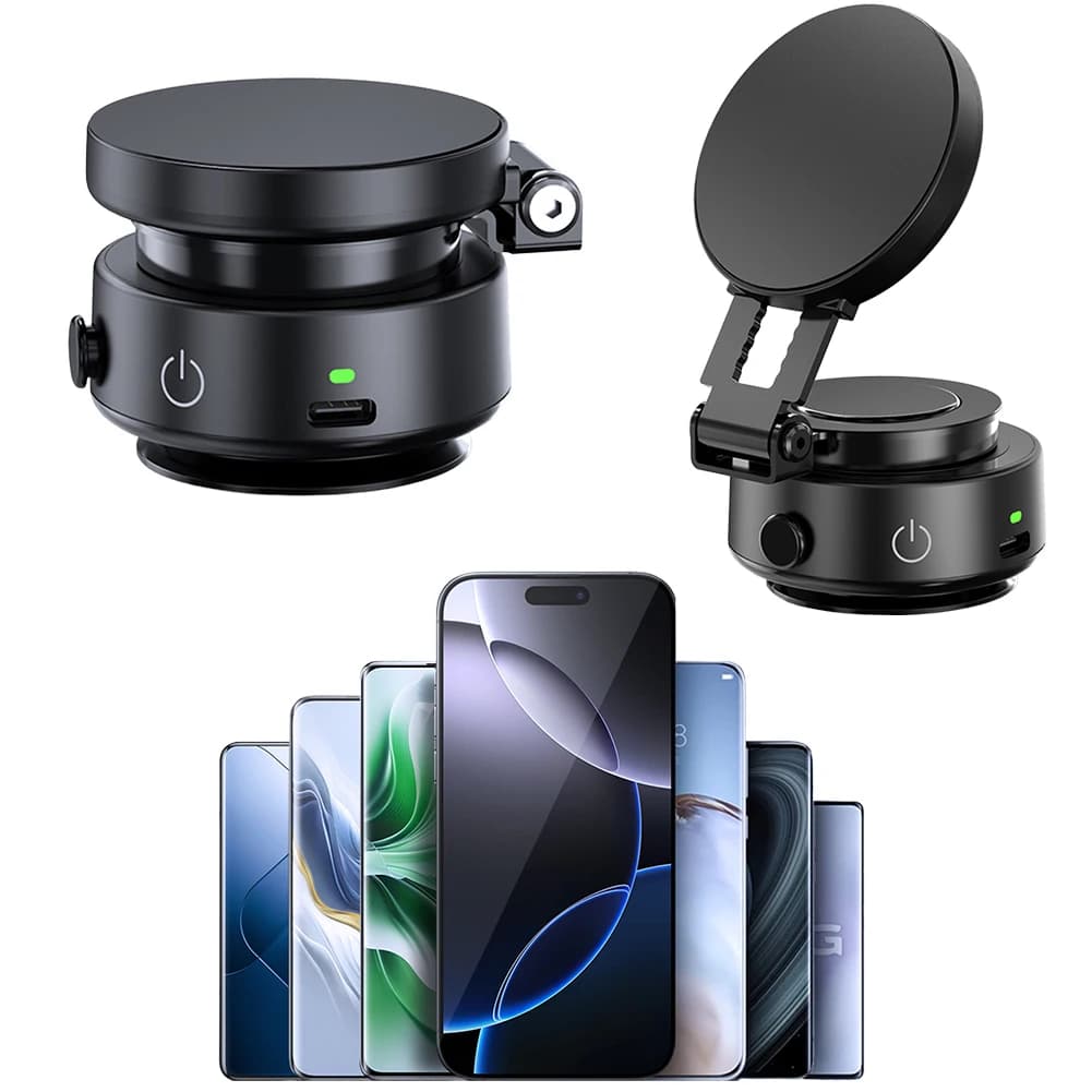 360 ° Supporto stabilizzante per auto con ricarica wireless, rotante e pieghevole, adatto per iPhone, con ventosa magnetica.