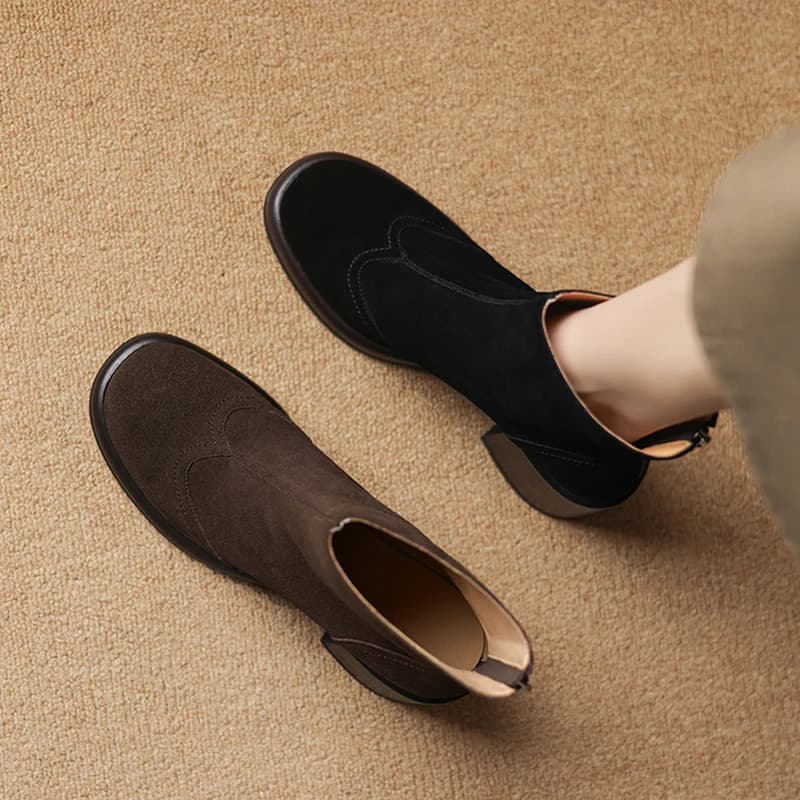 2026 new autumn winter women ankle boots natural leather 22-25cm cow suede upper round toe thick heel back zip short boots