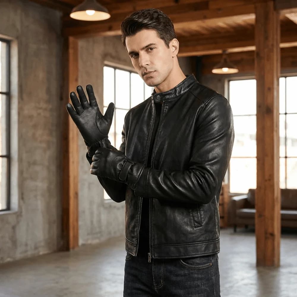 Faux Leather Winter Men Gloves Thick Fleece Lined Windproof Motorcycle Gloves Waterproof Adjustable Cuff Strap