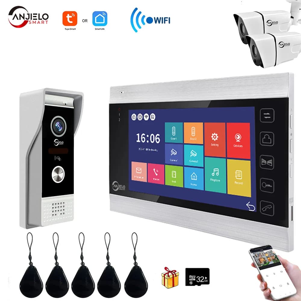 Anjielo Videocitofono Videocitofono per casa privata per appartamento Monitor da 7 pollici Telecamera campanello 1080p con rilevamento del movimento 2MP