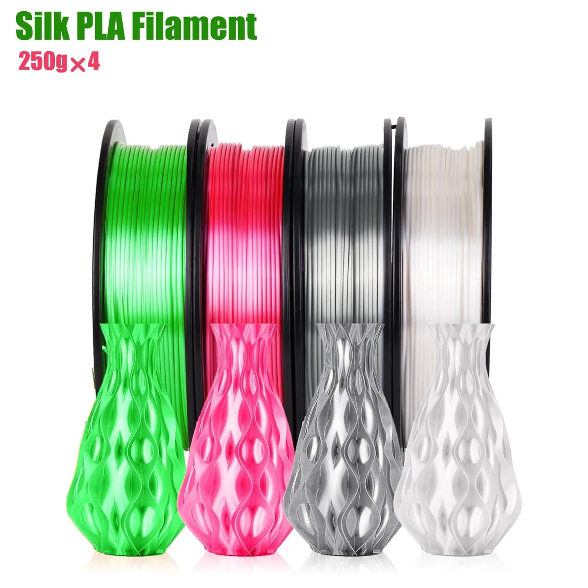 Silk Filament PLA for 3D Printer - 1,75 mm smooth, 4 color multicolor packaging (4x250 g: green apple, silver, pink, white)