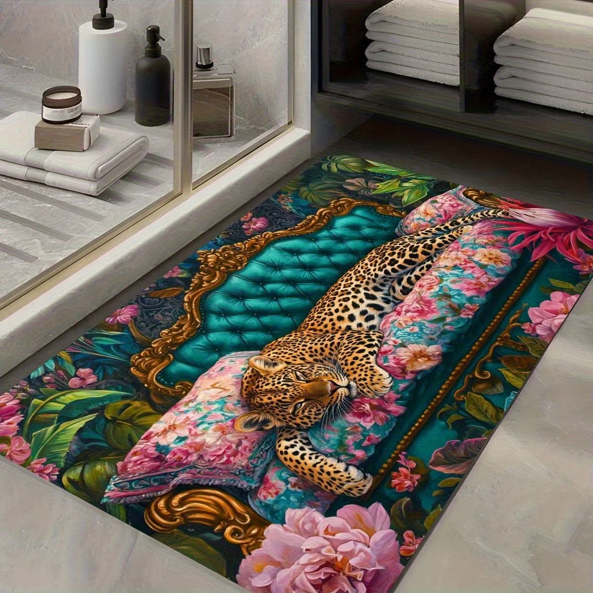 Lussuoso Tappeto Zerbino con Stampa Leopardata - Tappetino Antiscivolo con Motivo Animale - Lavabile per Interni ed Esterni, Decorazione Casa, Tappeto da Cucina