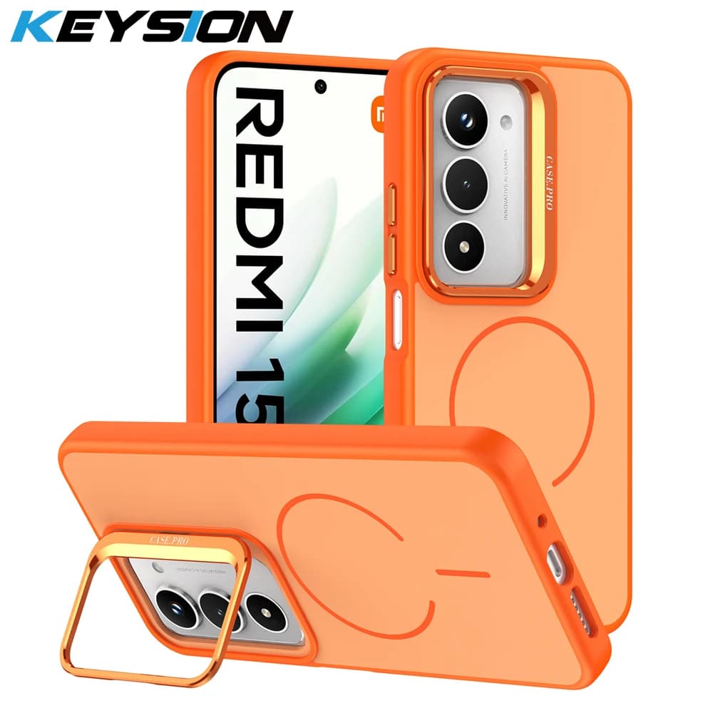 KEYSION Matte Skin Feel Lens Stand Phone Case for Magsafe for Redmi 15 5G 169.5mm 171mm Magnetic Shockproof Cover for Redmi 15
