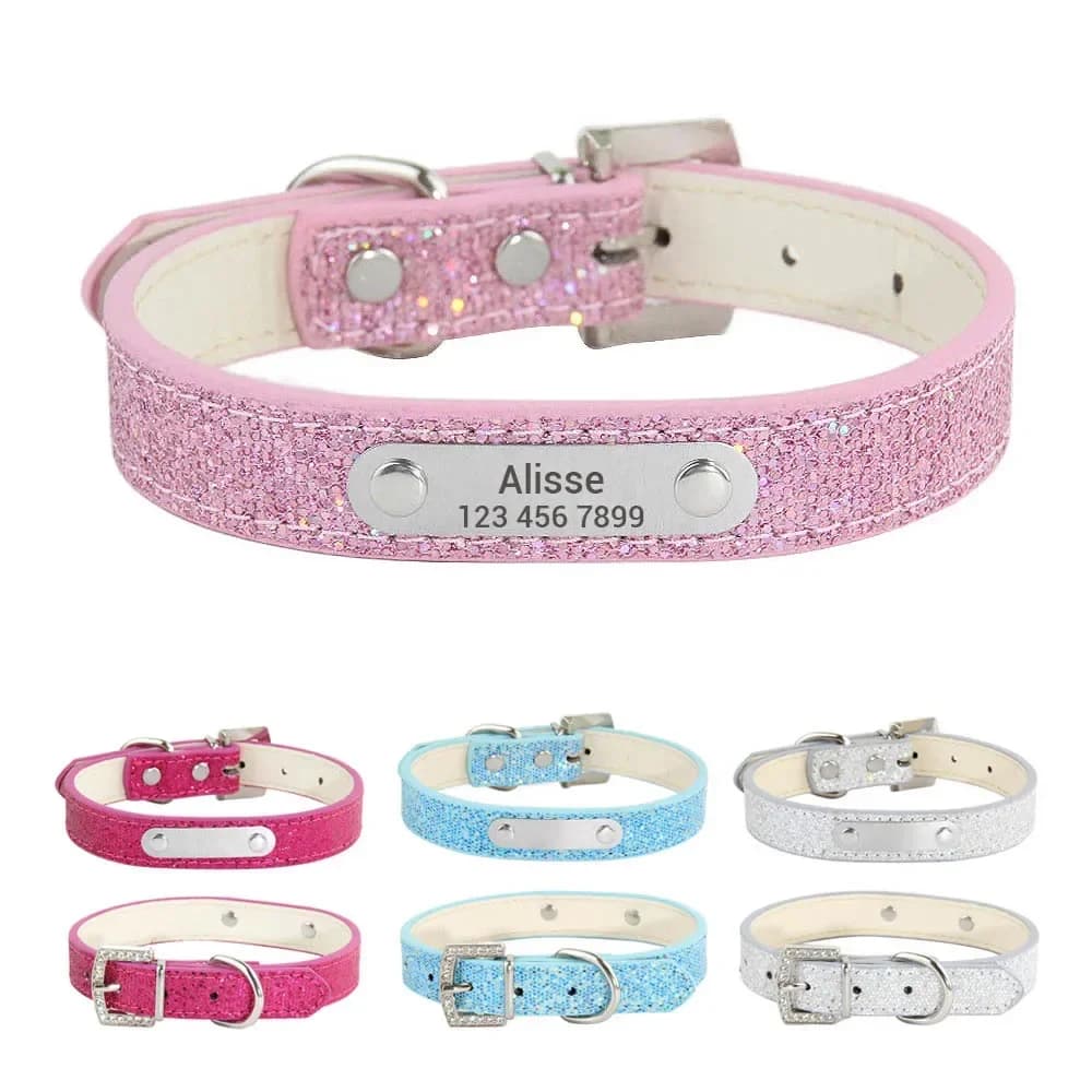 Collare per cani in pelle bling personalizzato con nome, collari identificativi per cuccioli incisi personalizzati solidi, cani di taglia piccola, media e grande, XS-L