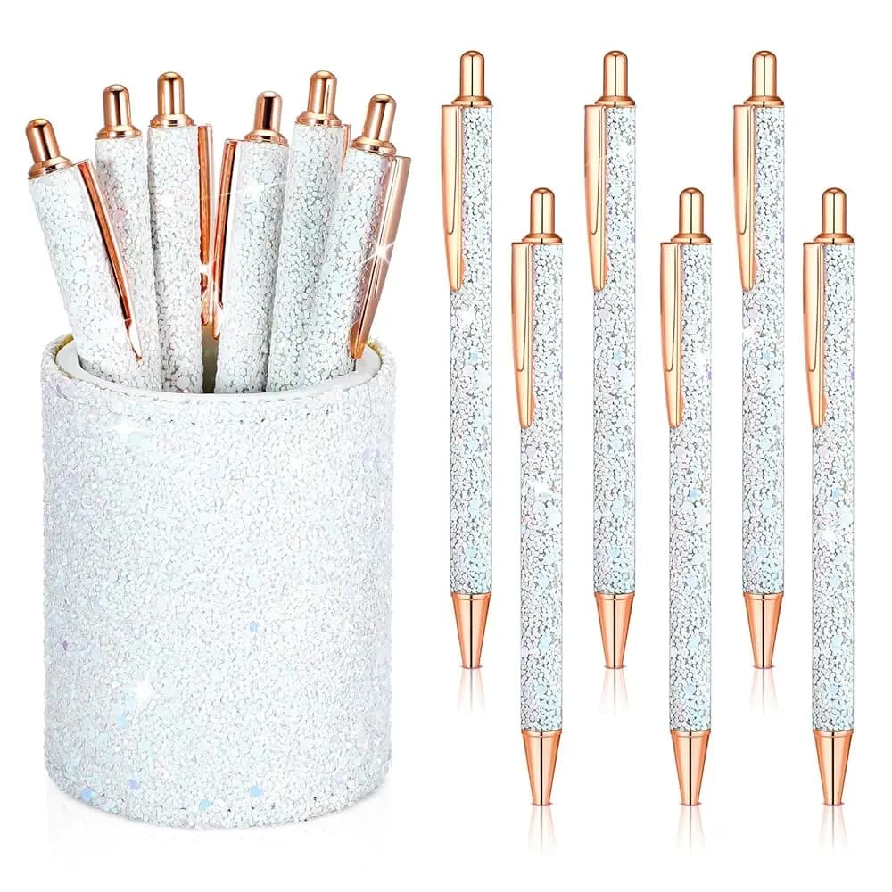 Portapenne con Paillettes e 6 Penne a Scatto con Paillettes, Penne a Sfera Retrattili Glitterate, Porta Matite per Organizzazione Scrivania