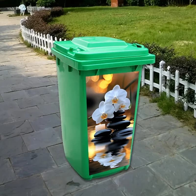 1 adesivo per bidone della spazzatura a tema Zen, adesivo in vinile impermeabile con orchidea bianca e candela, tema pattumiera, parete, decorazione della cucina,