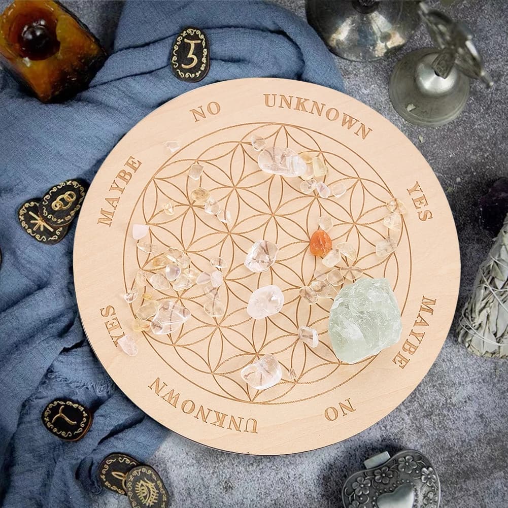 Pannello a pendolo rotondo in legno con incisione laser Squisito fiore della vita Modello mandala Guarigione metafisica Dowsing Divination Board
