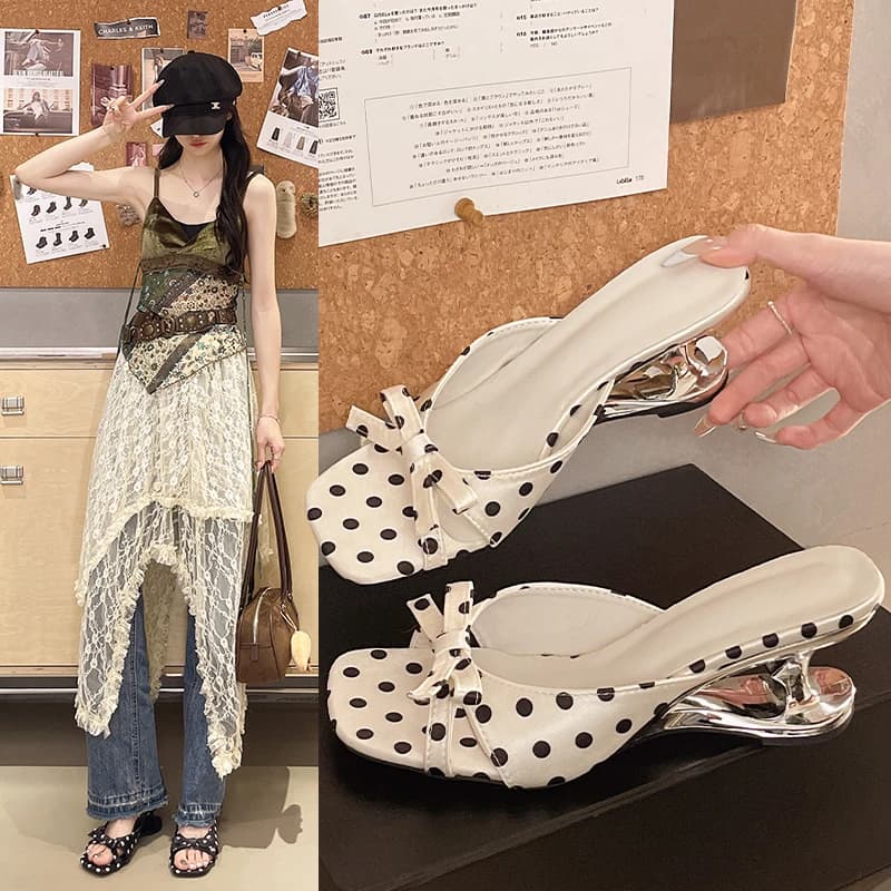 Sandali da donna con fiocco in seta a pois, tacco sottile, stile estivo 2026, open toe alla francese per esterni