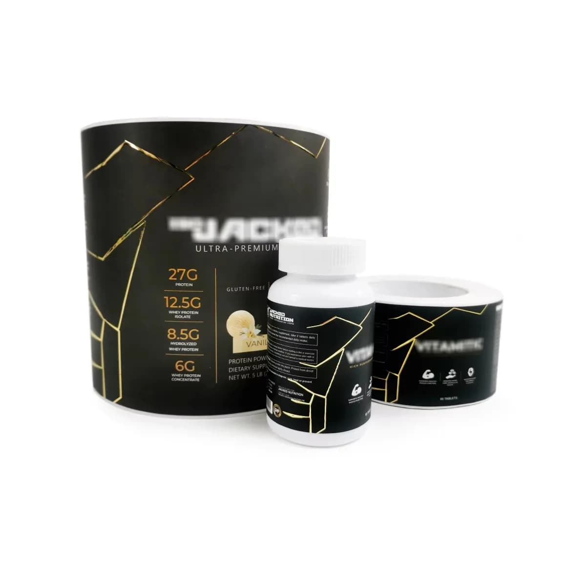Custom matte vinyl label with gold foil | Wall decal with raised 3D logo for powdered protein bottles and supplements