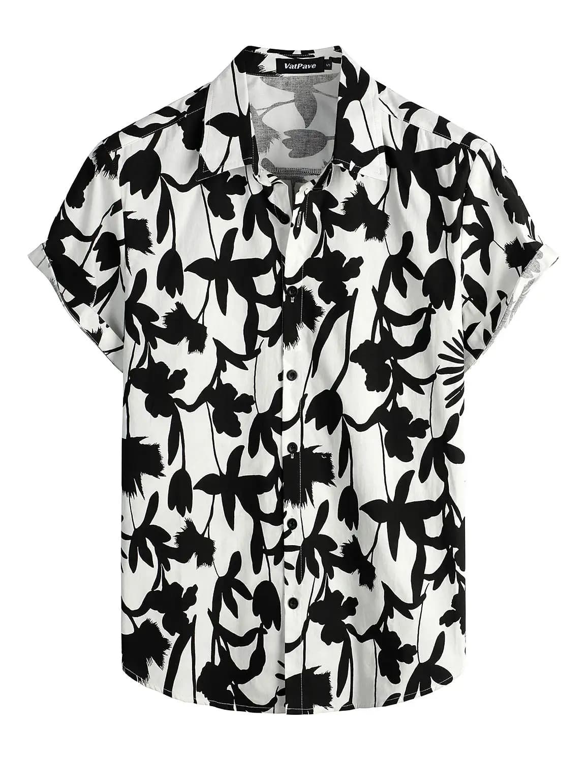 Men's Black White Floral Short Sleeve Shirt, Minimal Flower Camp Collar Blouse, Breathable Top for Daily Street Holiday