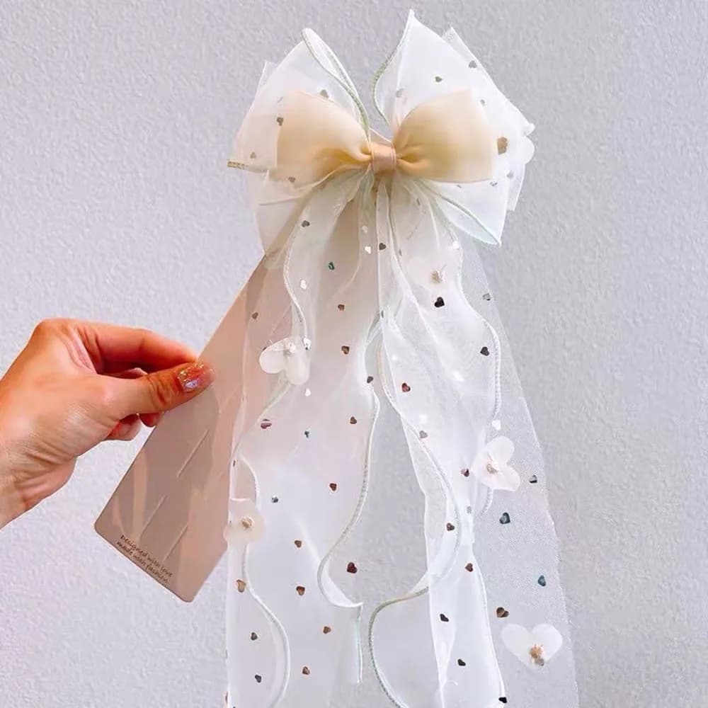 Accessories for hair with upper clip for horsetail in long ribbon fabric with bow for fashionable mesh hair