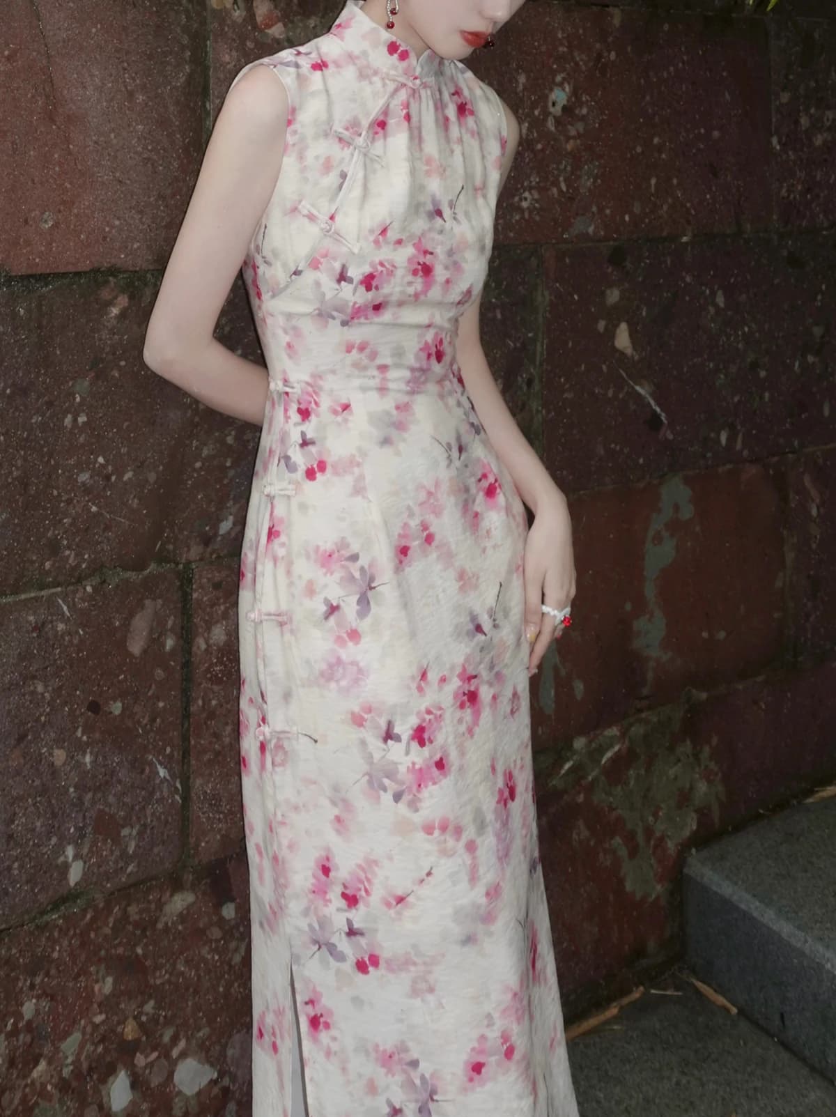 Srose Lanzi Retro Chinese Style Slim Fit New Chinese Style Floral Print Midi Dress round Collar Sleeveless Daily Wear